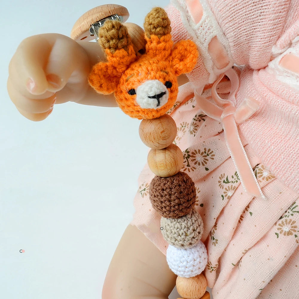 Cartoon Bunny Pacifier Chain Clip Wood Crochet Bear Teething Chain Baby Teether Soother Holder Newborn Chew Toys Pacifier Clips