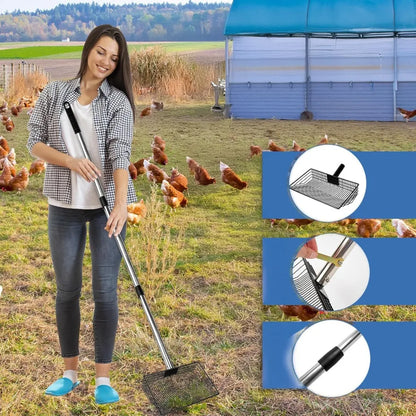 Portable Heavy-Duty 3-in-1 Chicken Manure Shovel with Adjustable Long Handle - Durable Metal Scoop for Easy Screening of Pine Shavings and Coop Cleaning, Coop Cleaning Tool | Adjustable Handle Shovel, Chicken Coop Supplies