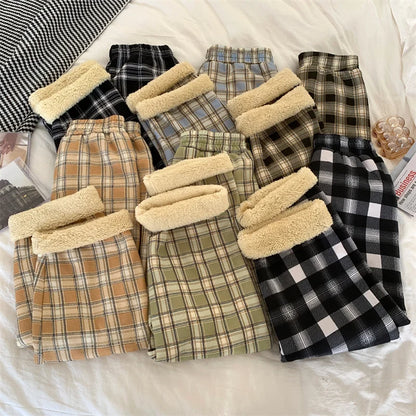 JMPRS Fashion Warm Plush Pants Thick Plaid Women Casual Loose Wide Leg Trousers Korean Streetwear Straight Student Pants New