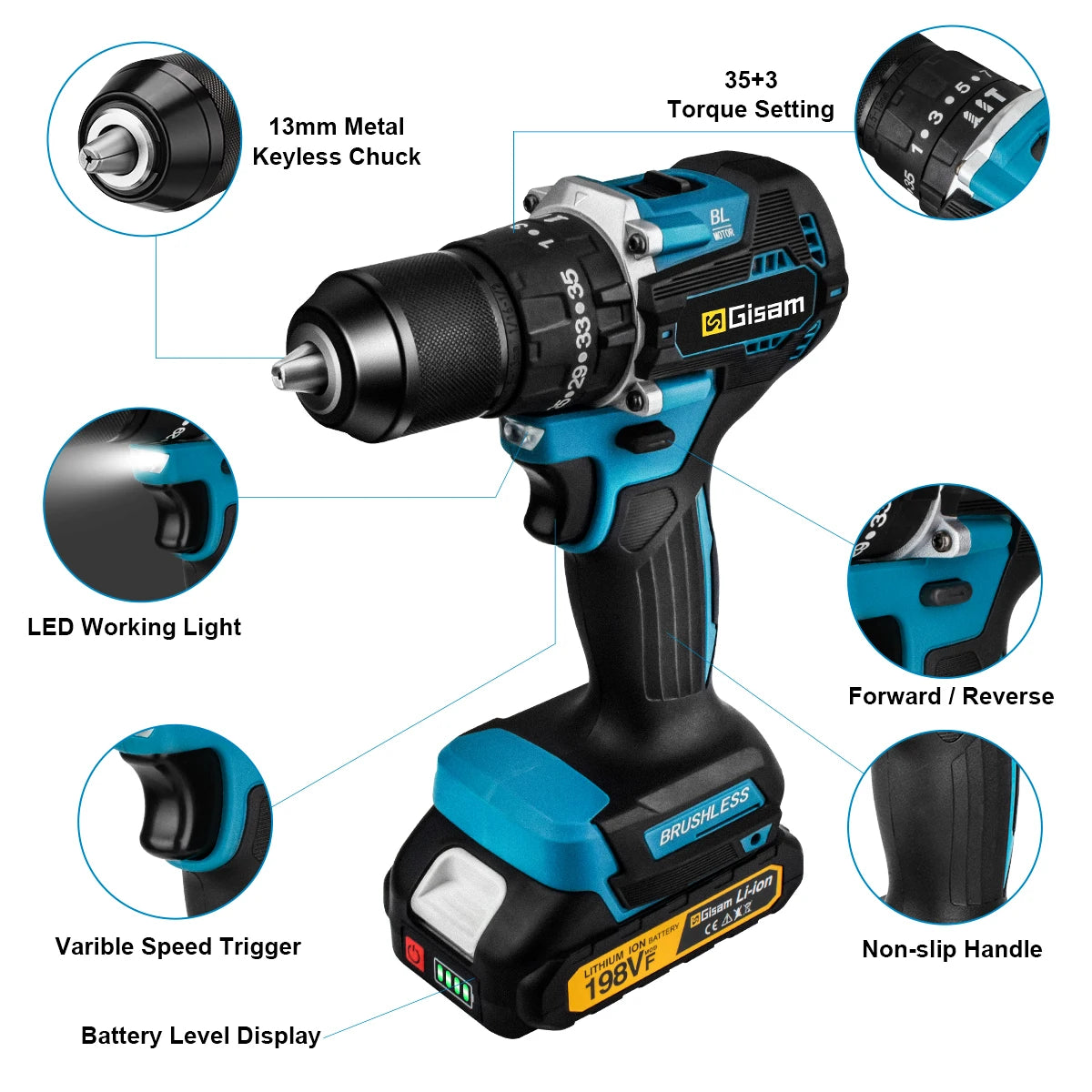 GIsam 13mm Electric Drill Brushless Impact Screwdriver Dual Speed 35+3 Torque Cordless Power Tool for Makita 18V Battery Pins