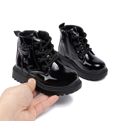 Autumn and Winter Children's Shoes Waterproof PU Leather Children's Boots Fashion Toddler Lace-up Zip High Boots Boys Girls