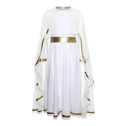 Halloween Virgin Mary Costume for Kids Girls Fancy Greek Princess Cosplay Long Sleeve Ruffle Dress with Chiffon Cape Theme Party