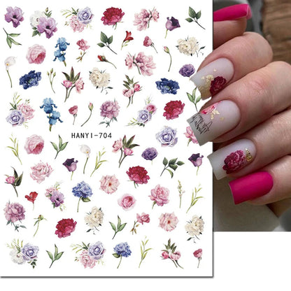 3d Nails Art Decals Spring Fruits Pink Full Tips Peony Magnolia Flowers Adhesive Sliders Stickers Decoration For Nails Manicure