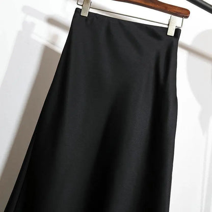 Botvotee Elegant Satin Long Skirt for Women Spring Summer 2025 Office Ladies Korean Style Loose Elastic Band Midi Skirts