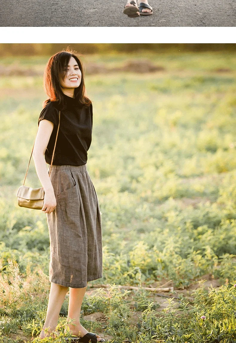 New Cotton and Hemp Half Length Skirt for Women in Summer, A-line Medium Length Skirt, High Waist, Loose Elastic Waist Skirt