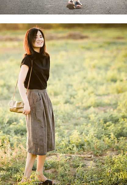 New Cotton and Hemp Half Length Skirt for Women in Summer, A-line Medium Length Skirt, High Waist, Loose Elastic Waist Skirt