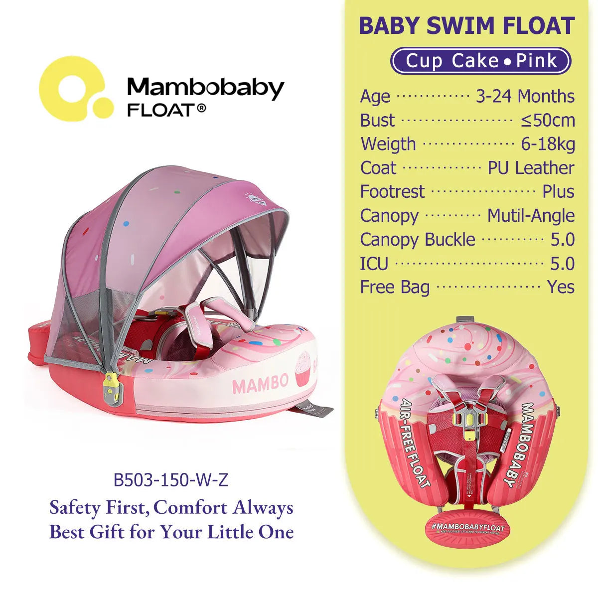 Mambobaby Float Safe Solid Core Comfort Skin-friendly Design with Canopy Baby Swimming Ring Toddler Pool Float Infant Water Ring