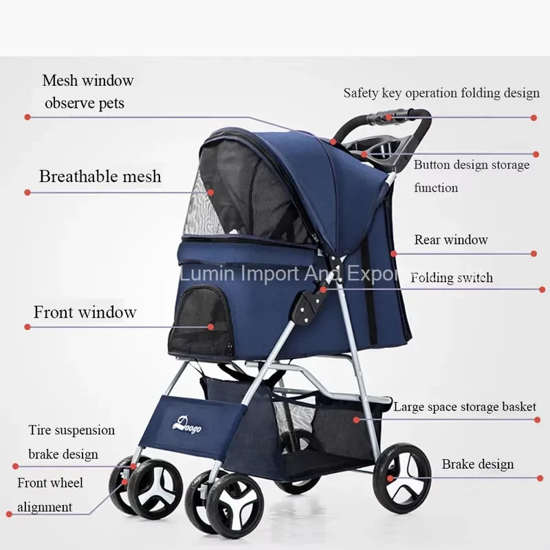 Pet Stroller Luxury Folding Dog Stroller Outdoor Pet Trolley Carrier Travel Large Wheels