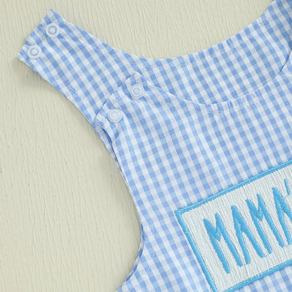 Baby Boy Summer Romper Overalls Letter Embroidery Plaid Print Sleeveless Round Neck Jumpsuit Newborn Baby Boy Clothes