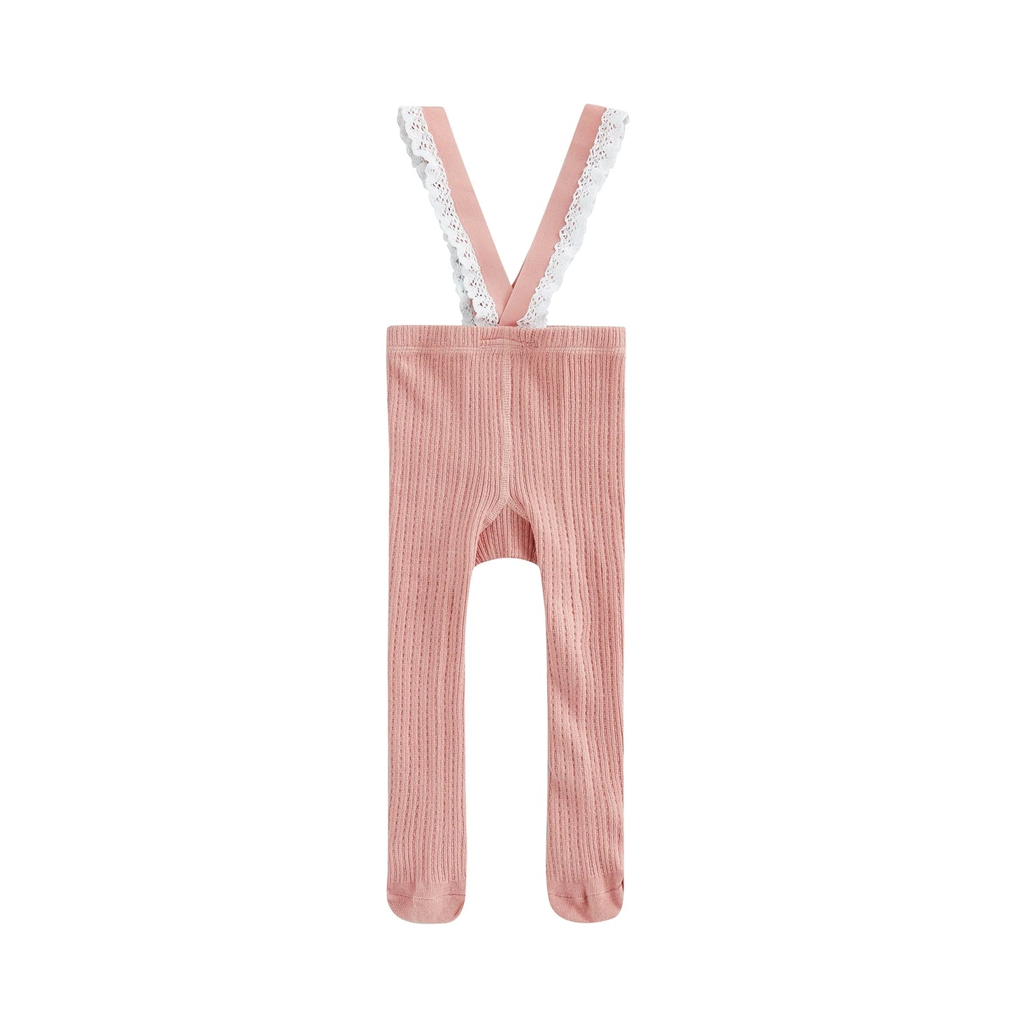 Infant Baby Girls Suspender Pantyhose, High Waist Lace Plain Rib Knitted Footed Leggings Tights 0-1Years