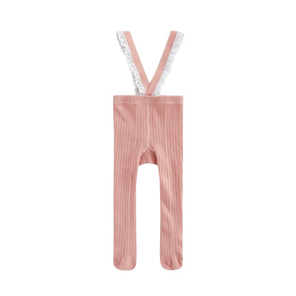 Infant Baby Girls Suspender Pantyhose, High Waist Lace Plain Rib Knitted Footed Leggings Tights 0-1Years