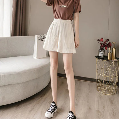 Women Casual Wide Leg Shorts 2025 Summer Elastic High Waist Pleated Shorts Woman Solid Color Loose Ice Silk Knee-Length Pants