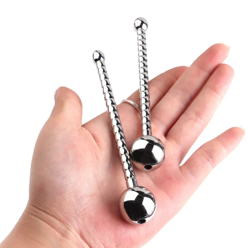 Hollow Metal Urethral Probe Spiral Textured Penis Plug with Smooth Ball Tips Intimate Male Release Stimulation Toy