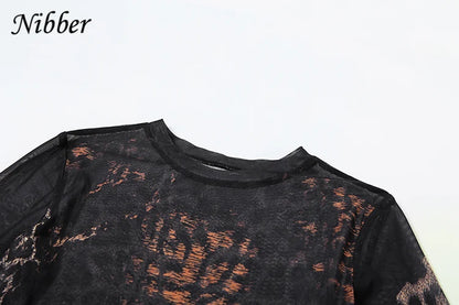 Nibber See Through Dress Women Sexy Coquette Leopard Print Full Sleeve o-Neck Stretch Wild Mini Bodycon Midnight Party Clubwear