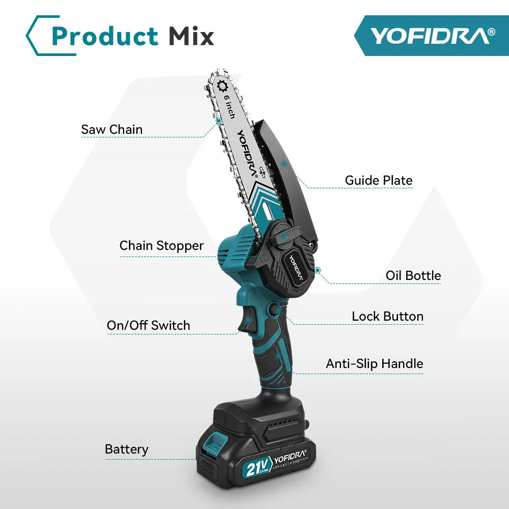 YOFIDRA 6 Inch Electric Chainsaw Cordless Oiler Garden Wood Cutting Logging Pruning Saw Power Tool For Makita 21V Battery Pin