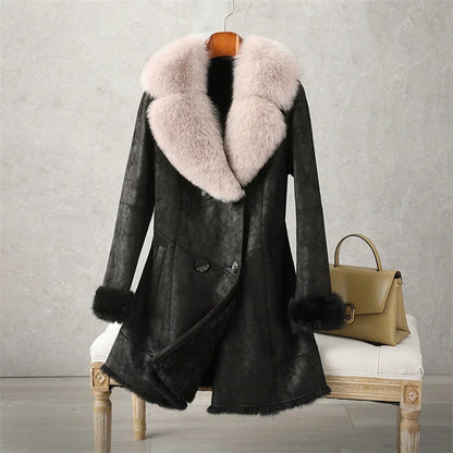 Aorice Women Real Rabbit Leather With Fur Coat Jacket Brand New Female Winter Fox Collar Trench Parka CT189