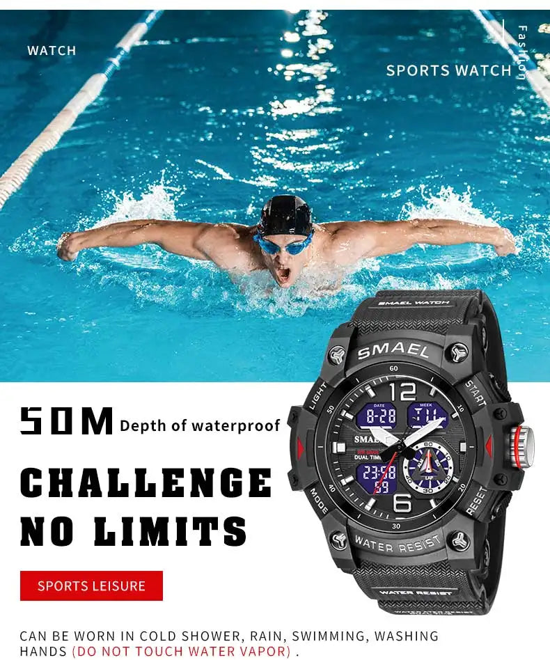 SMAEL Sport Watch Military Wristwatch for Men Alarm Stopwatch LED Digital Back Light Dual Time Display Waterproof Watch Men 8007