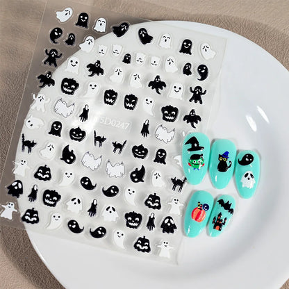 1sheet 5D Halloween Nail Stickers Pink/Green/Black Cartoon Pattern Nail Art Slider DIY For Sweet Cool Girl Cute Nail Decoration