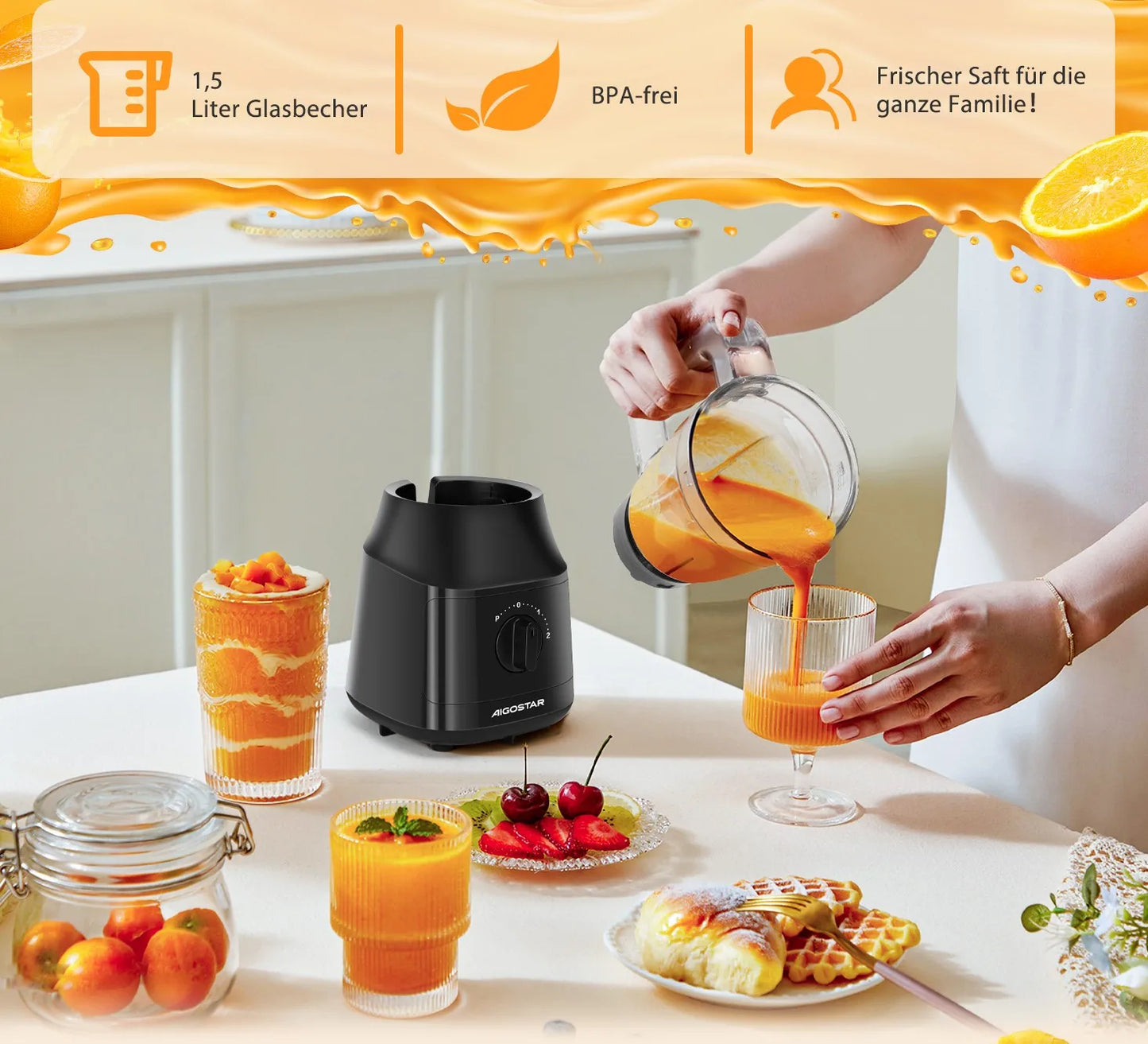 Aigostar Blender and Smoothie Maker, 1.5 Liter Glass Jar, Titanium-Coated Blades, Ice Crush Function, 2 Speeds + Pulse