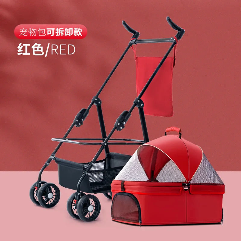 4 Wheel Foldable Pet Stroller Detachable Carrier for Small Dogs Cats, Lightweight Travel Pet Cart with Breathable Mesh