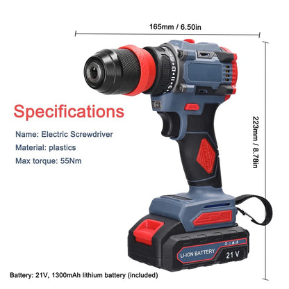 55N.M Brushless Electric Drill Screwdriver 2 IN 1 Handheld Cordless Impact Drill Woodworking DIY Power Tool With 2PCS Battery