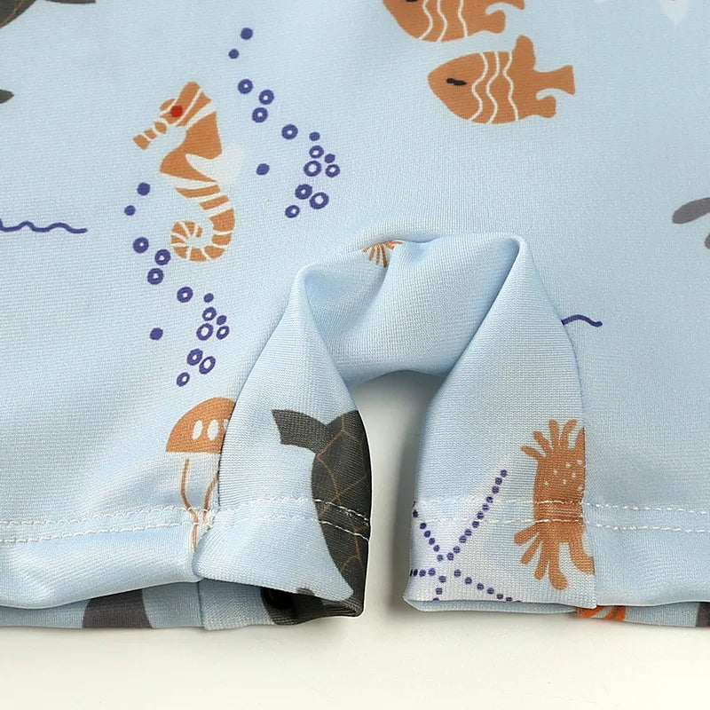 Baby Toddler One-piece Swimsuit With Hat Cartoon Print Kids Short Sleeve Zipper Swimwear Sun Protection For 0-7Y Boys Girls