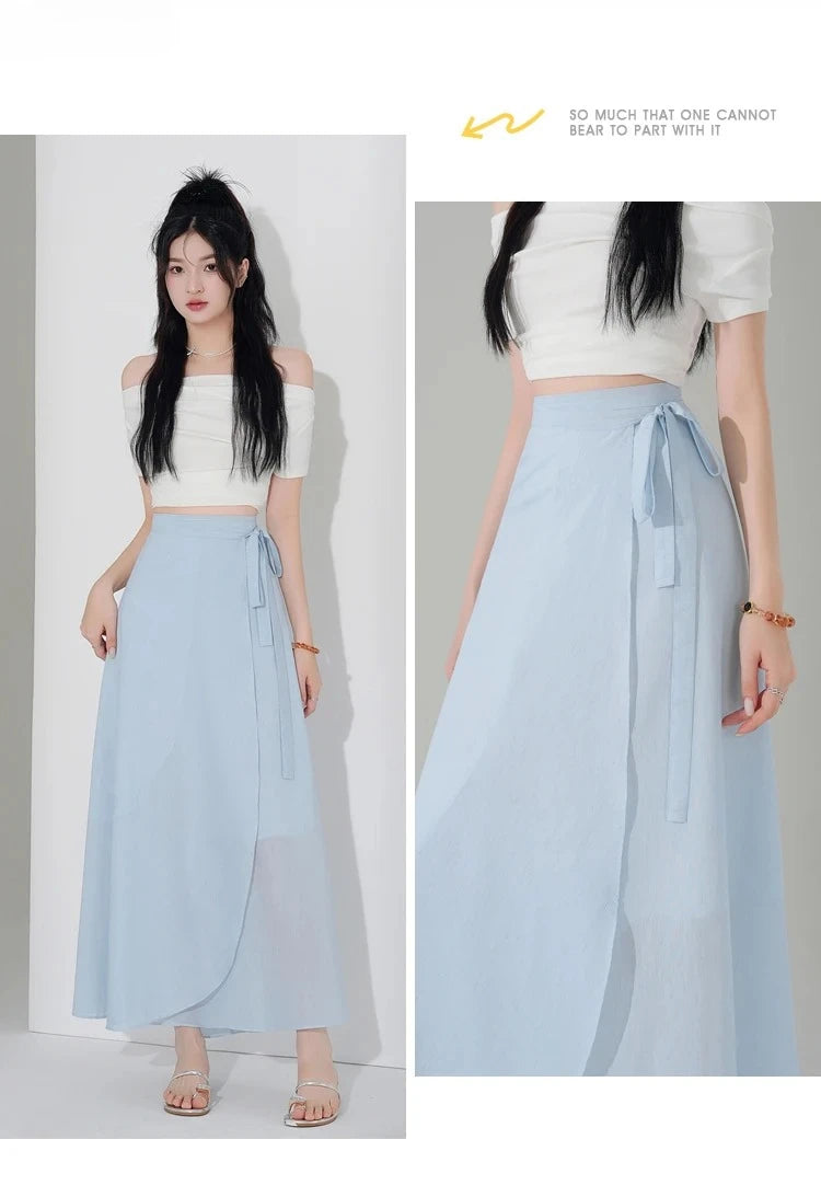 Chic Korea Clothes Summer Women Cute Sweet GIrls Solid Robe Holiday Date High Waist Retro Vintage Wrap One-Piece Lace-Up Skirts