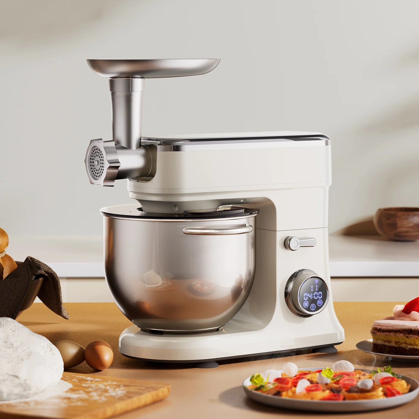 BioloMix 7L Stand Mixer for Baking 1200W DC Motor with Dough Hook Whisk Beater Meat Grinder Attachment - Food Mixer