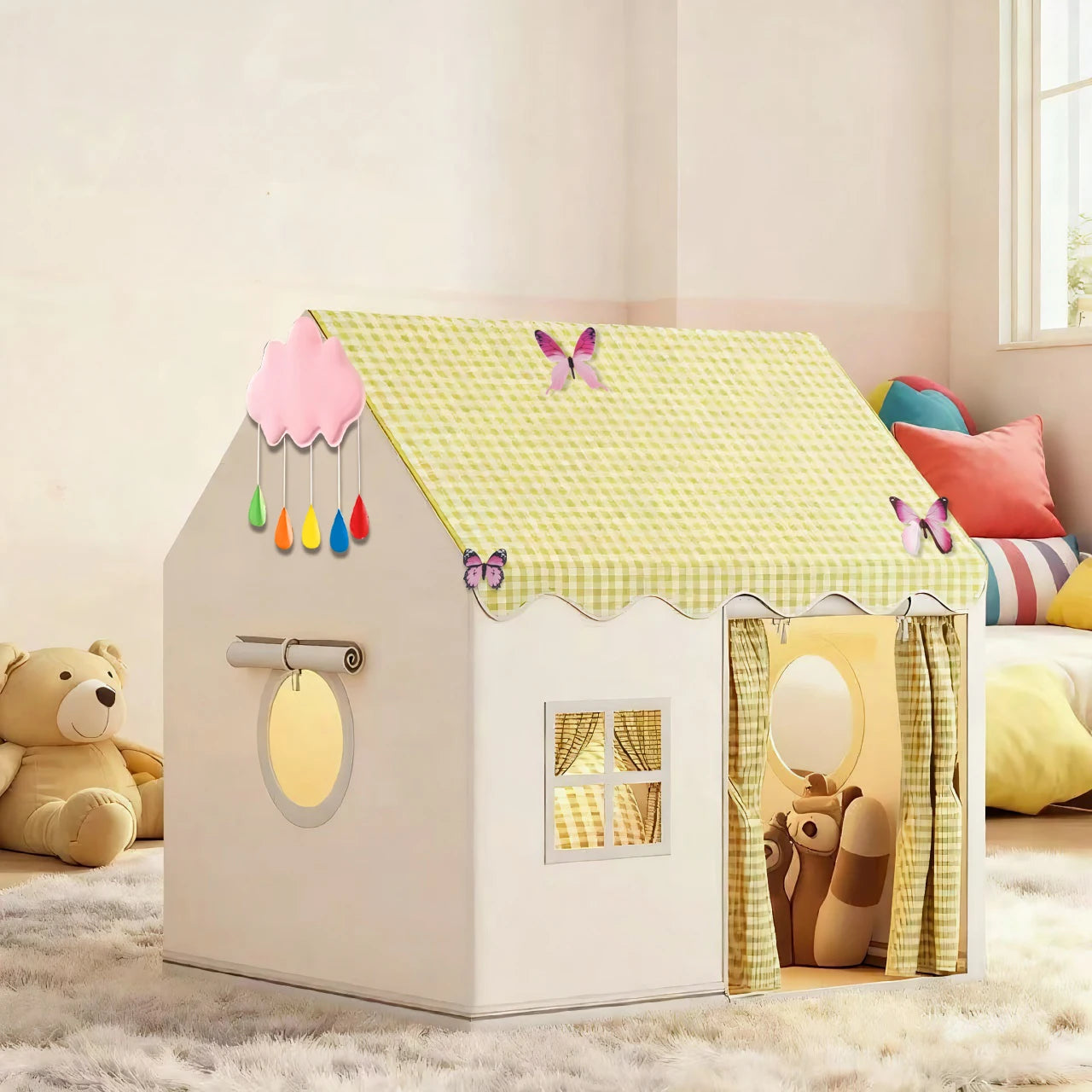 Children's Fun Playhouse Tent, Bed Canopy Partition, Children's Pretend Play Tent, Kids' Toy Castle, Portable Outdoor Toy Playhouse, Includes Cloud/Butterfly Party Decorations, Holiday Gift, Does Not Include Lighting