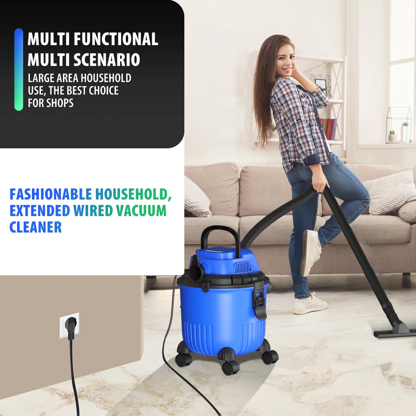 DayPlus Industrial Vacuum Cleaner Hoover Wet and Dry 4800W Powerful Suction Bagless, 16Kpa, 15 Litre Capacity, 4 Caster Wheels