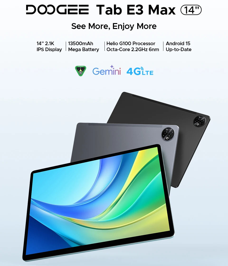 Global Version DOOGEE Tab E3 Max Tablet PC Android 15 Gemini AI 14'' 2.1K Screen 8GB RAM 256GB 13500mAh Large Battery Smart Pad