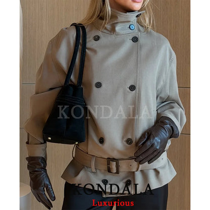 KONDALA High Street Casual Chic Women Jacket Double Breasted Stand Collar Pockets Sashes Jacket New Fashion 2026 Spring Jacket