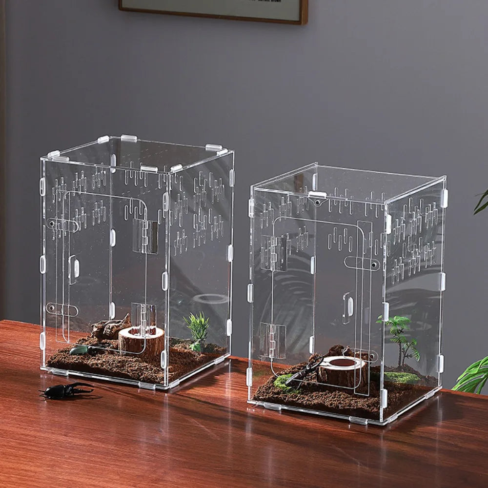 Acrylic Jumping Spider Enclosure 2 Doors Transparent Reptile Feeding Cage Ventilated Design Escape-proof Reptile Habitat
