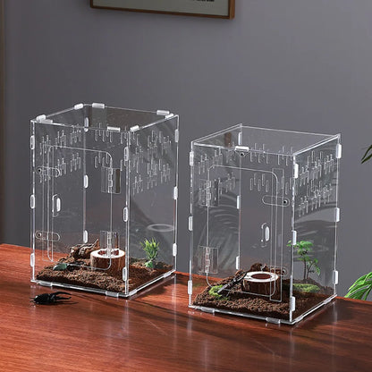 Acrylic Jumping Spider Enclosure 2 Doors Transparent Reptile Feeding Cage Ventilated Design Escape-proof Reptile Habitat