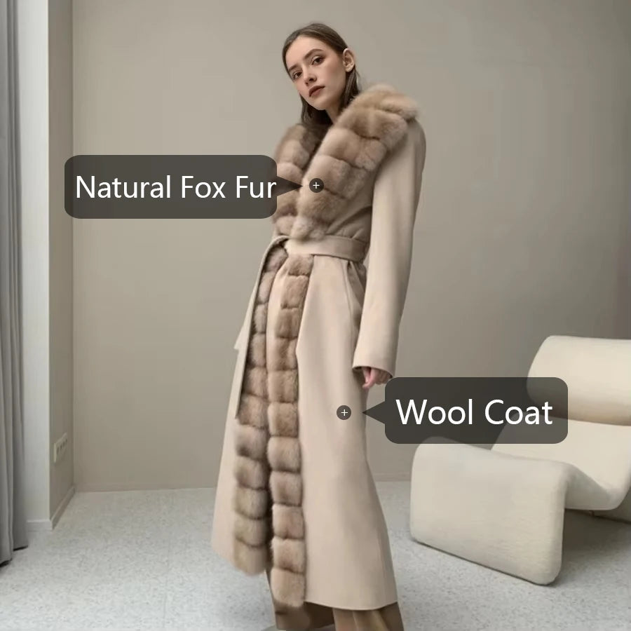 CNEGOVIK Natural Fox Fur Winter Cashmere Wool Coat Women Fur Coat Women Luxury Real Fur Warm Winter Jackets Cashmere Fur Jacket