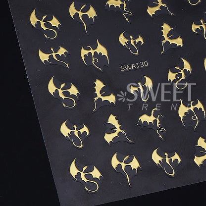 3pcs Metallic Flying Dragon Nails Stickers Gold Silver Laser Flying Devil Bat Design Nail Decals DIY Halloween Manicure Decor