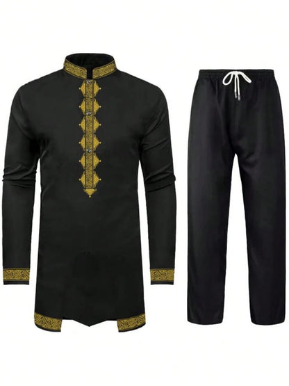 Muslim Robe Trousers The Traditional Dress of Arab Men 3D Pattern Printing Black White Yellow Navy Blue Long-Sleeved