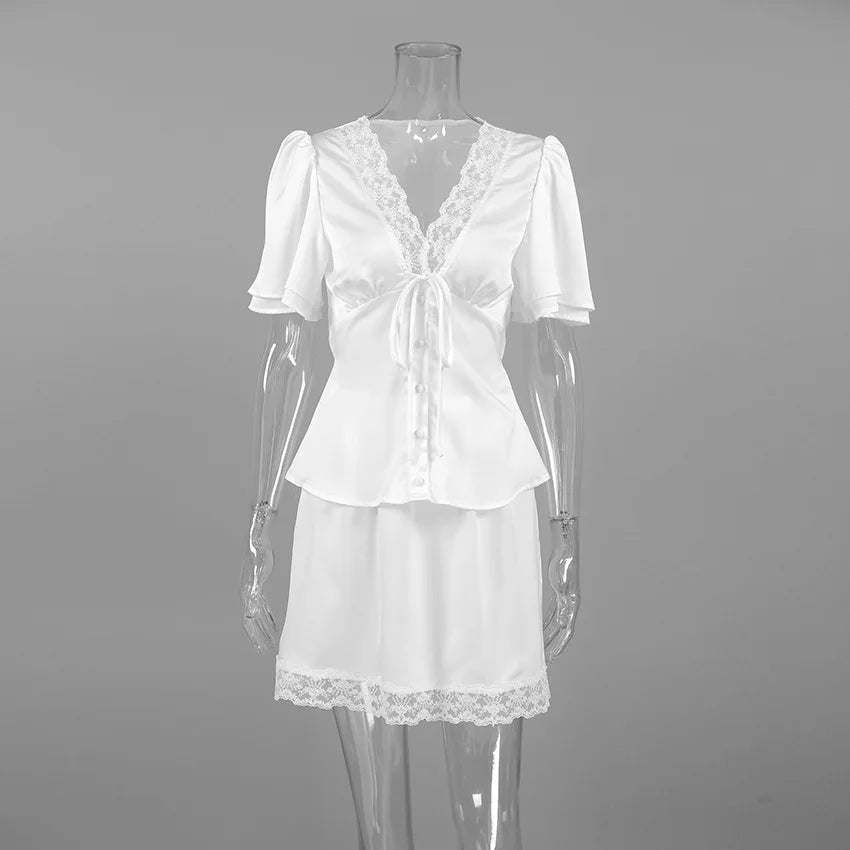 Elegant Satin Lace Patchwork Skirt Two-piece Set V Neck Short Sleeve Lace Up Tops Mini Skirts Suit 2026 New Party Daily Outfits