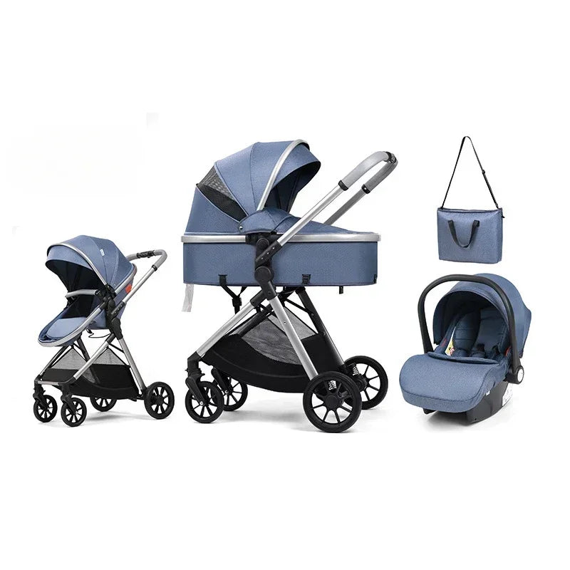 3-in-1 baby stroller, high landscape stroller, equipped with car seat, mom bag, one click folding, can sit and lie down