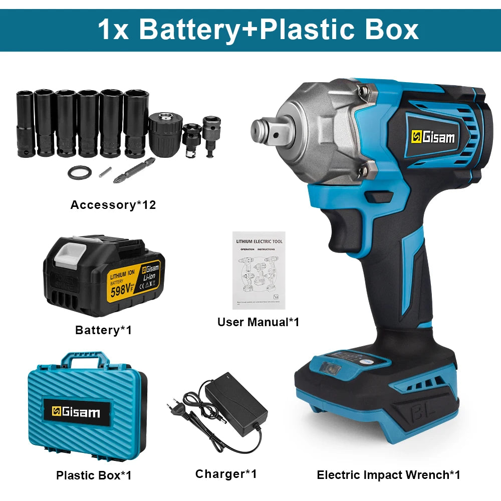 Gisam 1200N.M Brushless Electric Impact Wrench 1/2 inch Screwdriver Cordless Electric Wrench Tools for Makita 18V Battery Pins