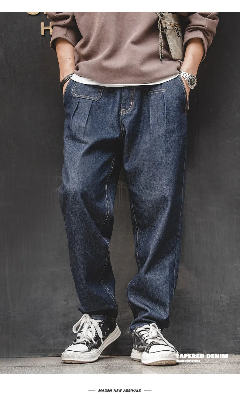 Maden Retro Denim Wash Baggy Men's Jeans Wide Leg Tapered Pants Fashion Casual Streetwear Jean Straight Elastic Men Trousers