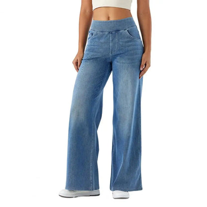 Women Jeans With Pockets Elastic High Waist Solid Color Full Length Pants Straight Wide Leg Trousers Sweatpant Daily Commuting