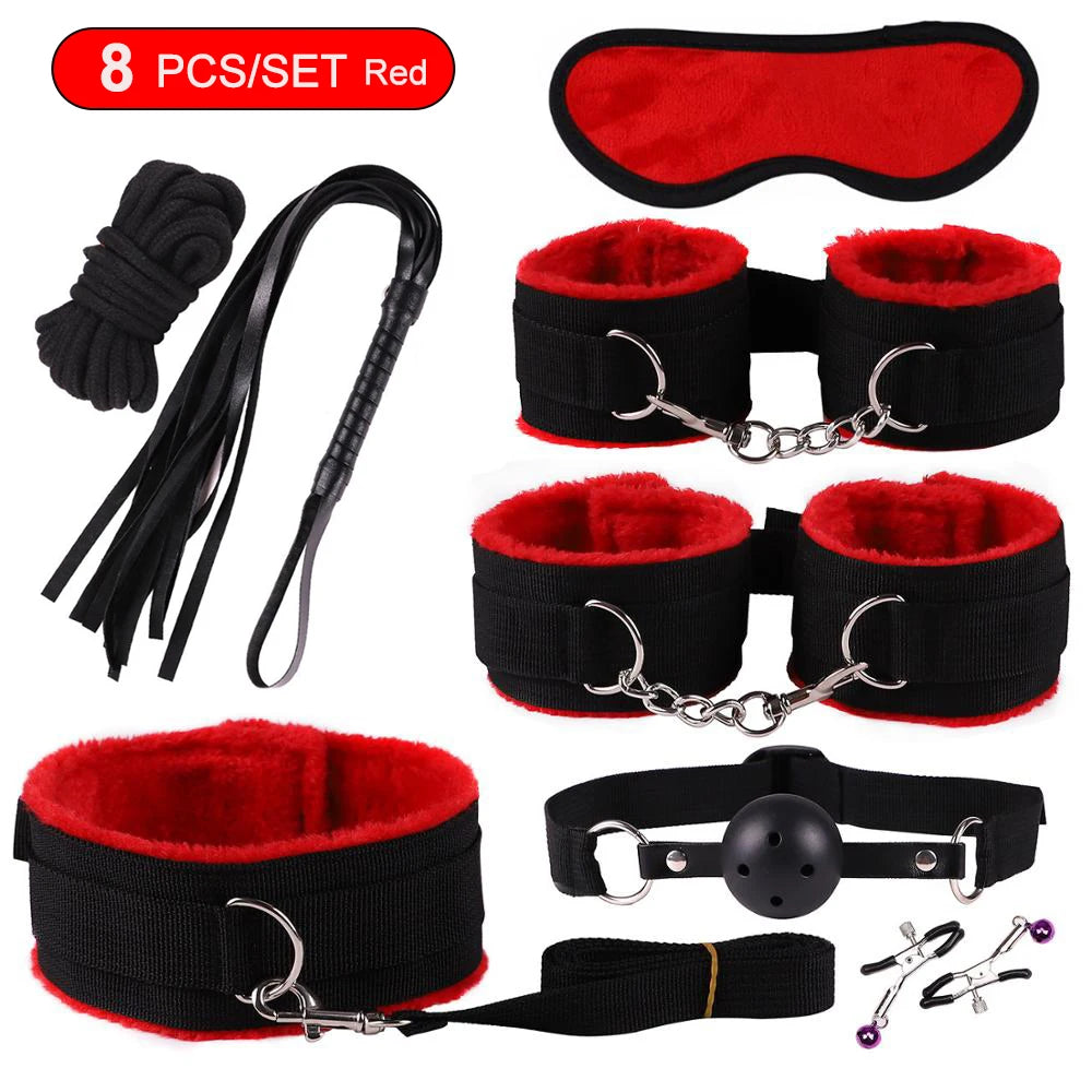 Hot Exotic Bed Bondage Set BDSM Kits Exotic Sex Toys For Women  Adults Games Leather Handcuffs Whip Gag Nipple Clamps Sex Shop