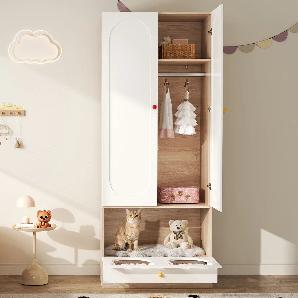 80x50x200cm Kids Wardrobe with Hanging Rod Integrated Cat Bed Design Lacquered Board and Particle Board with Colorful Ceramic Handles White and Natural Wood Color Multifunctional Storage Cabinet Suitable for Bedroom Home Furn
