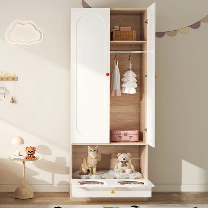 80x50x200cm Kids Wardrobe with Hanging Rod Integrated Cat Bed Design Lacquered Board and Particle Board with Colorful Ceramic Handles White and Natural Wood Color Multifunctional Storage Cabinet Suitable for Bedroom Home Furn