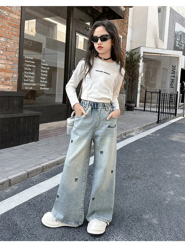New 4-14 Years Spring Autumn Teenage Girls Jeans Full Print Bow Embroidery Fashion Wide-leg Denim Pants For Kids