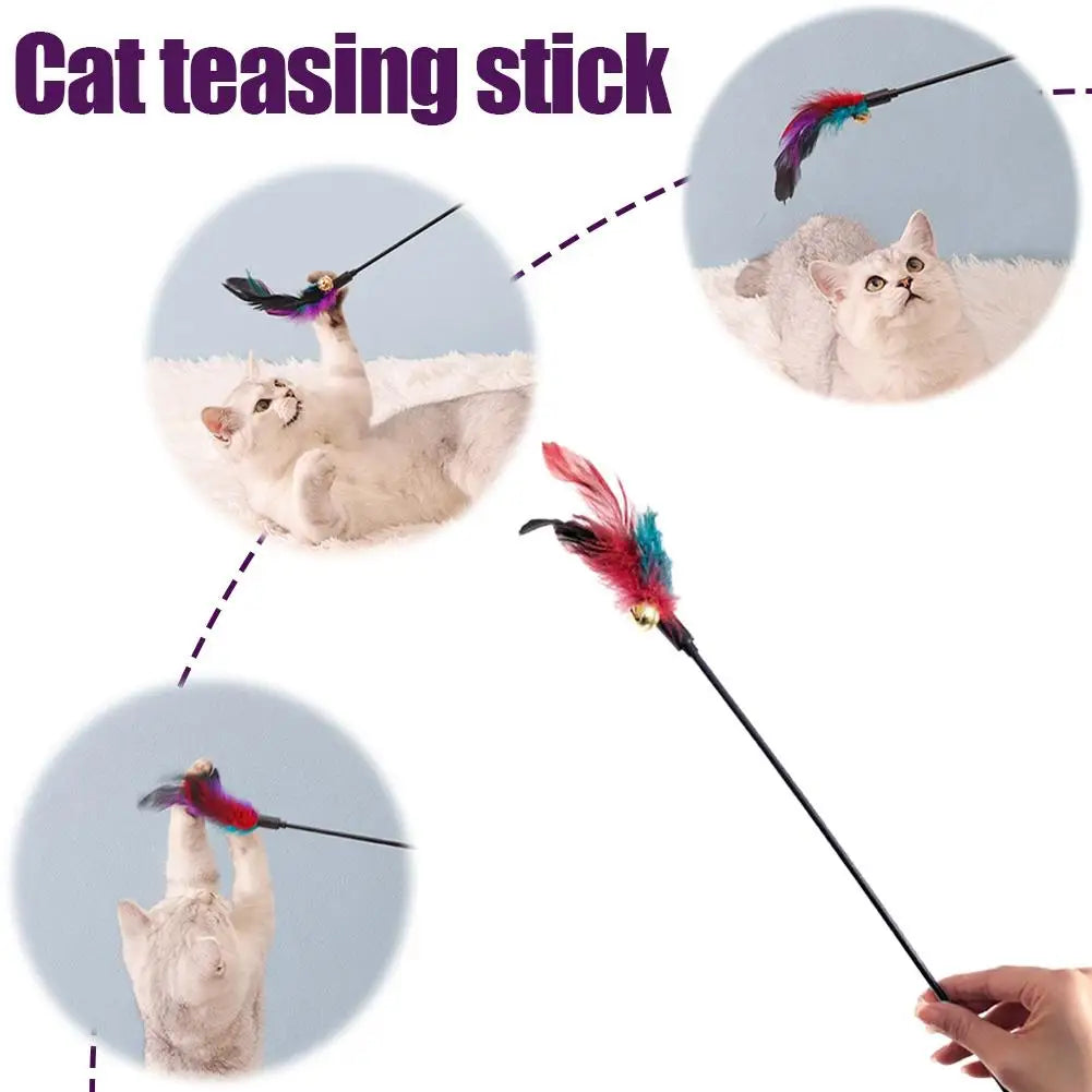 Long Pole Feather Cat Teaser Toy Colorful Interactive Kitten Wand Stick Bite-Resistant Pet Teasing Training Supplies