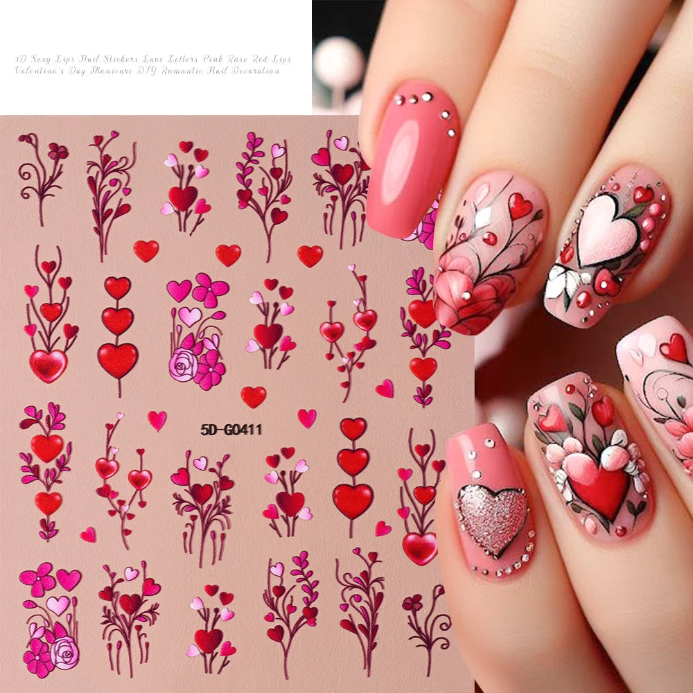 1sheet 5D Sexy Red Lips Nail Decal Stickers KISS Love Heart Valentine's Day Self-adhesive Nail Slider DIY Romantic Nail Decor