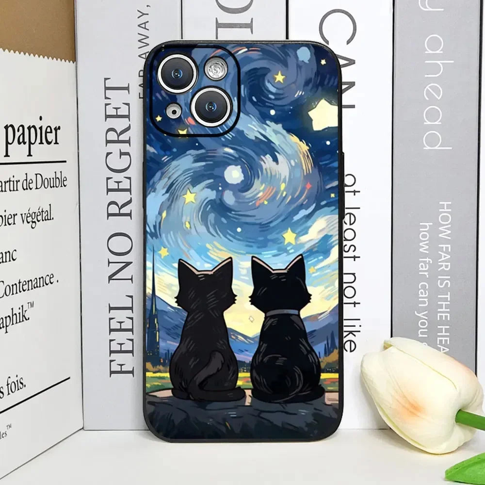 Artistic Black Cat Starry Night Phone Case For iPhone 17 16 15 14 13 12 Pro Max Mini 7 8 SE Plus Couple Cover Soft Shell Fundas