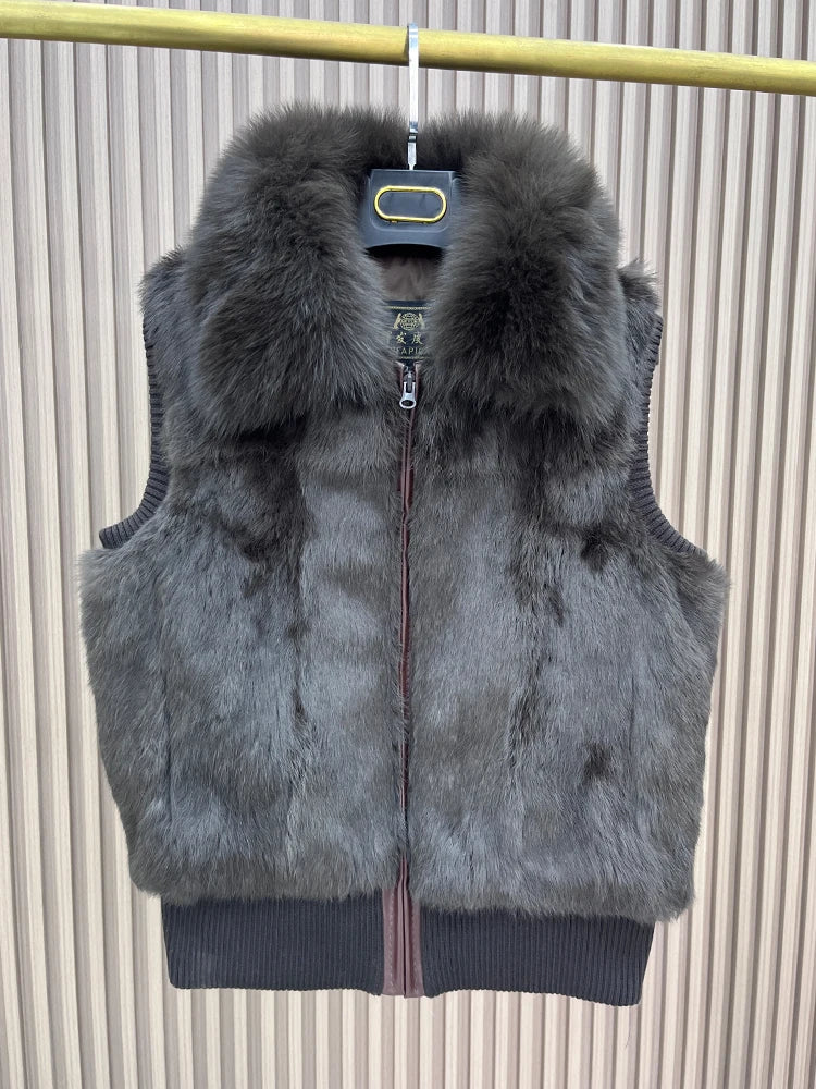 Women's Genuine Real Rabbit Fur Vest Coat Knitting Winter Fox Fur Collar Fur Jacket Casual Short Outwear Slim with Zipper